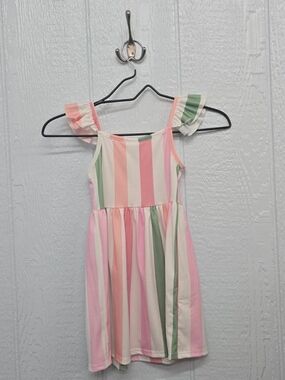 New Size 4 Girls' Pastel Stripe Ruffle Strap Dress - Pink, Green, Cream